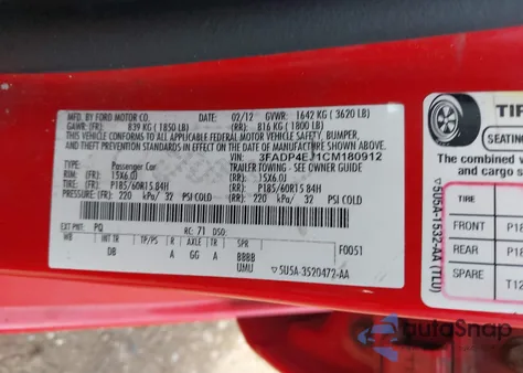 2012 Ford Fiesta Se from USA, damaged, VIN 3FADP4EJ1CM180912